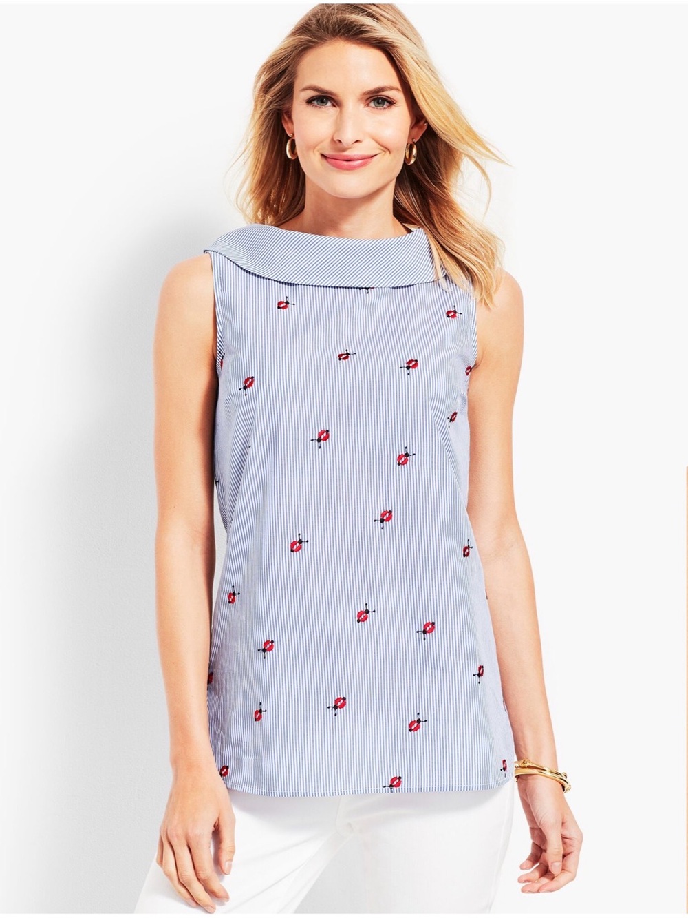 Talbots Ladybug Stripe Sleeveless Blouse Top 100% Cotton Size Medium